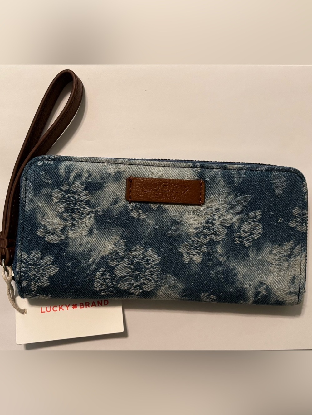 Lucky Brand Blue Floral Denim Wristlet Wallet with Brown Strap